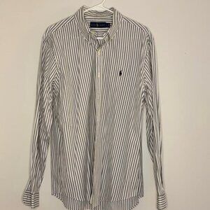 RALPH LAUREN Gold Tag Black White Stripe Long Sleeve Button Down Black Pony Sz L